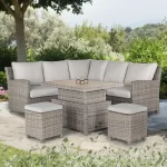 Palma Signature Mini Corner Set in oyster with stone cushions with Alu Slat top high low table in the up position