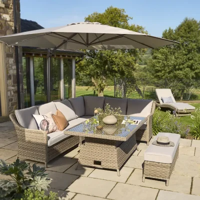 Charlbury corner set table up with freearm parasol