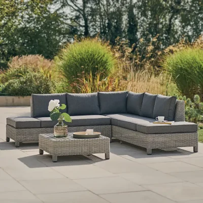 Palma Low Lounge Corner Set in white wash on a garden patio in the sunshine