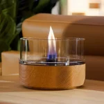 Tenderflame Cafe 18 iin natural wood with large flame on a table