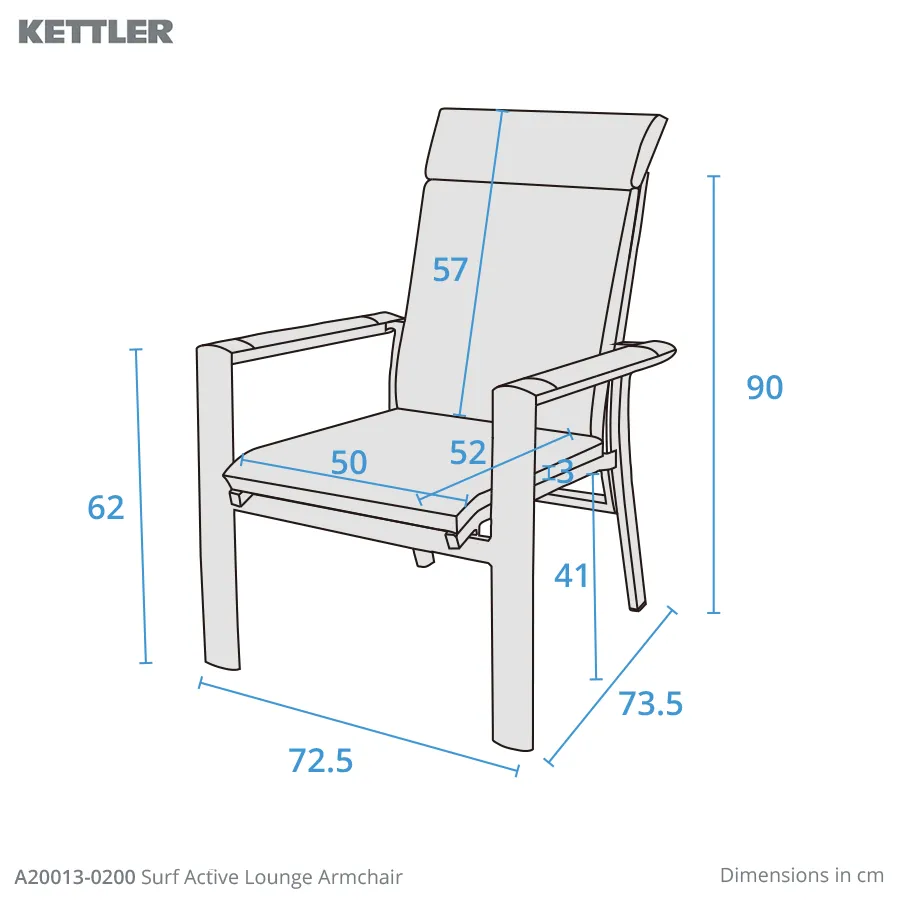 Drawing showing Surf Active Lounge Chair dimensions