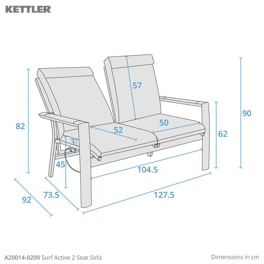 Drawing showing Surf Active Lounge Sofa dimensions
