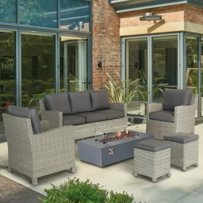 Palma Sofa Set in white wash with grey taupe cushions and universal fire pit table on a modern garden patio