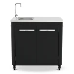 Front view of Cozze 2 door outdoor kitchen unit with sink and tap on a white background