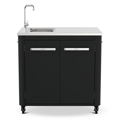 Front view of Cozze 2 door outdoor kitchen unit with sink and tap on a white background